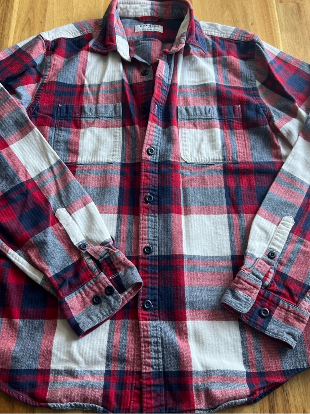 Express Plaid Flannel Button Up Shirt Medium Red Blue Lightweight